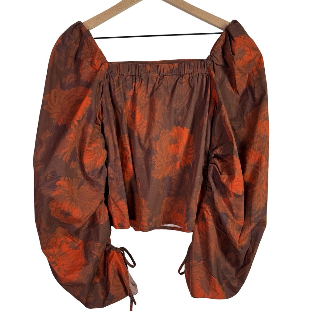 Banana Republic Floral Puff Sleeve Top Brown Orange Square Neck Small NWT - Picture 6 of 6